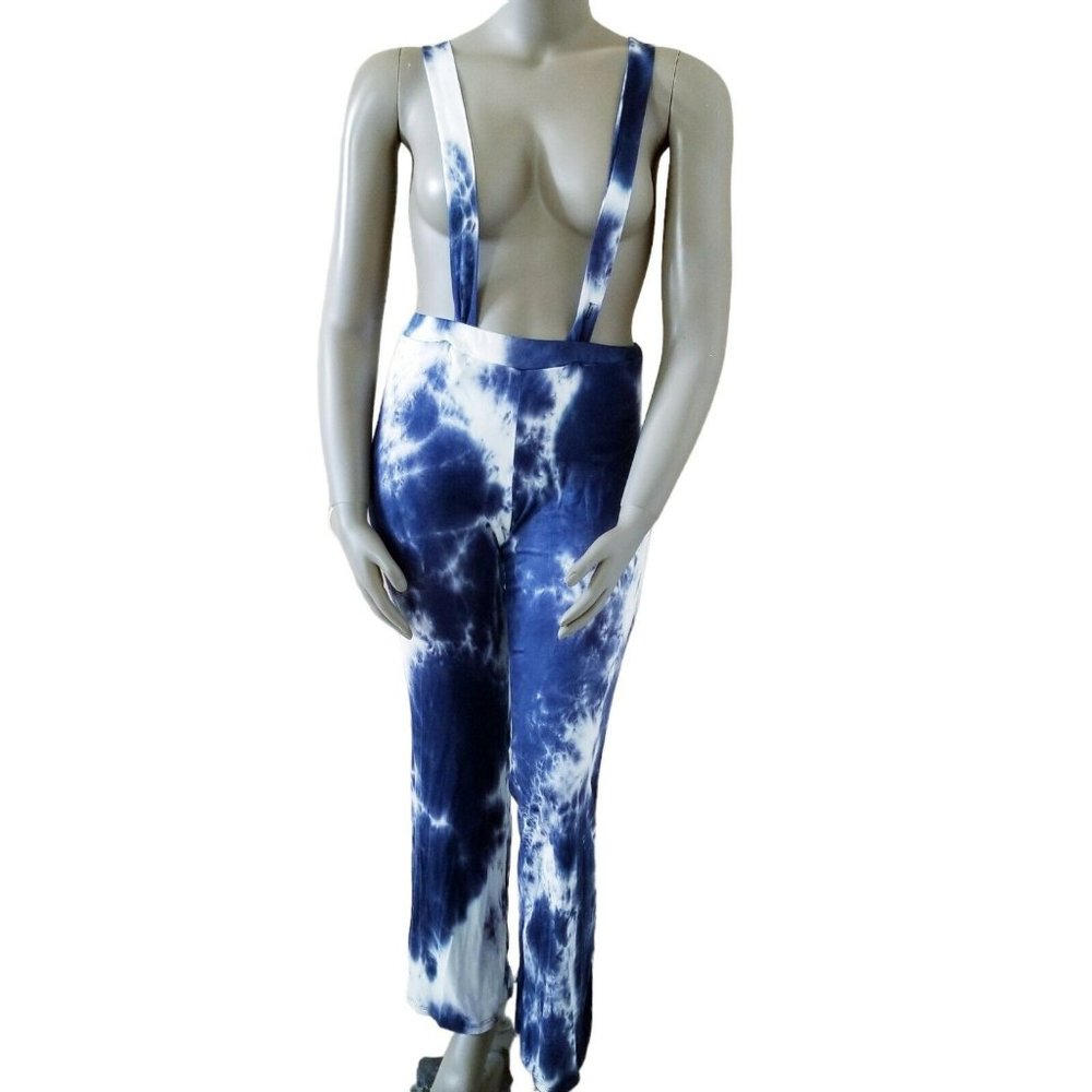 RAINBOW Tie Dye Suspender Pants Womens XL Navy Blue White Adjustable Straps NEW